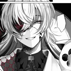 Rule 34 | 1boy, :d, close-up, collared shirt, greyscale, grin, hair between eyes, highres, hoshirube sho, isumisumi, jacket, long hair, looking at viewer, male focus, monochrome, nijisanji, one-eyed, open clothes, open jacket, open mouth, portrait, shirt, sidelocks, slit pupils, smile, solo, spot color, straight-on, straight hair, teeth, virtual youtuber