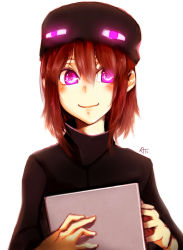 Rule 34 | 1girl, absurdres, alternate hair length, alternate hairstyle, ander (at2.), artist name, at2., black sweater, blush, brown hair, closed mouth, enderman, glowing, glowing eyes, highres, lips, looking at viewer, minecraft, purple eyes, short hair, smile, solo, sweater