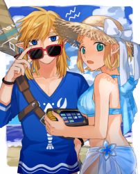 Rule 34 | 1boy, 1girl, adjusting eyewear, alternate costume, bare shoulders, beach, bikini, blonde hair, blue bikini, blue eyes, blue shirt, blue sky, blush, border, bow, bracelet, breasts, brown headwear, closed mouth, cloud, collarbone, day, green eyes, hair ornament, hair ribbon, hairclip, hand on own hip, hand up, hat, hat bow, head tilt, holding, jewelry, light blush, link, long sleeves, looking at viewer, looking back, medium breasts, nintendo, notice lines, oar, ocean, open mouth, outdoors, outside border, parted bangs, princess zelda, red-framed eyewear, ribbon, sand, sarong, see-through, sheikah slate, shijima (4jima), shirt, short hair, sidelocks, sky, straight-on, straw hat, sun hat, sunglasses, swimsuit, the legend of zelda, the legend of zelda: breath of the wild, the legend of zelda: tears of the kingdom, v-neck, water, weapon, weapon on back, white border, white bow, white ribbon, white sarong