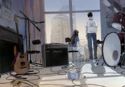 Rule 34 | 1boy, 1girl, amplifier, black hair, bottle, brown hair, building, cable, chair, cityscape, drum, drum set, electric guitar, guitar, hair over eyes, instrument, long hair, marshall, original, poster (object), room, selina, shadow, short hair, sitting, skirt, sky, standing, star (symbol), water bottle, window