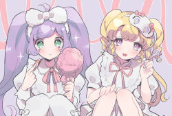 Rule 34 | 2girls, blonde hair, bow, character name, closed mouth, collared dress, cosmetics, dress, eyelash curler, hair bow, hairband, hand mirror, hand up, hands up, highres, holding, holding lipstick tube, holding mirror, hoshikuzu (pinkholic), idol time pripara, juliet sleeves, knees up, lipstick tube, long hair, long sleeves, manaka laala, mirror, multiple girls, neck ribbon, open mouth, pink ribbon, pretty series, pripara, puffy short sleeves, puffy sleeves, purple eyes, purple hair, ribbon, short sleeves, sleep mask, smile, sparkle, twintails, very long hair, white dress, white hairband, yumekawa yui