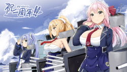 Rule 34 | 3girls, aircraft, armpits, astoria (azur lane), azur lane, blonde hair, blue hair, breasts, cleavage, commentary request, hair ornament, jacket, large breasts, long hair, multiple girls, necktie, pink hair, ponytail, quincy (azur lane), sky-freedom, translation request, twintails, v, vincennes (azur lane)