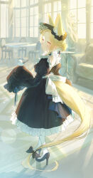 1girl absurdres animal_ear_fluff animal_ears bird black_bow black_dress black_footwear blonde_hair blue_archive bow chair commentary_request dress duplicate eshineko extra_ears fox_ears fox_girl fox_tail frilled_dress frills full_body gradient_eyes halo high_heels highres indoors long-tailed_tit long_sleeves long_tail multicolored_eyes pantyhose parted_lips red_eyes seia_(blue_archive) sleeves_past_fingers sleeves_past_wrists solo standing table tail tail_bow tail_ornament tit_(bird) white_bird white_pantyhose