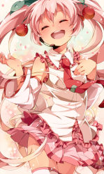 Rule 34 | 1girl, cherry, detached sleeves, food, fruit, hand on own chest, hatsune miku, headset, highres, long hair, necktie, open mouth, pink hair, sakura miku, skirt, solo, thighhighs, twintails, umiko (munemiu), very long hair, vocaloid