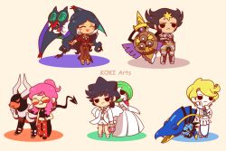 2boys 3girls aegislash apron armor artist_name bag bead_necklace beads black_footwear black_hair black_shirt blonde_hair blue_hair bracelet brown_shirt brown_skirt chibi clawitzer closed_eyes closed_mouth commentary creatures_(company) diantha_(pokemon) drasna_(pokemon) english_commentary eyelashes full_body game_freak gardevoir gen_2_pokemon gen_3_pokemon gen_6_pokemon grin hand_on_own_hip handbag holding holding_bag houndoom jacket jewelry koki_arts long_hair long_sleeves malva_(pokemon) mature_female mega_gardevoir mega_houndoom mega_pokemon midriff multiple_boys multiple_girls navel necklace nintendo noivern open_clothes open_jacket open_mouth pants pink_bag pokemon pokemon_(creature) pokemon_xy ponytail red-tinted_eyewear red_pants shirt short_hair short_sleeves shorts siebold_(pokemon) simple_background skirt sleeveless sleeveless_shirt smile standing sunglasses tinted_eyewear white_apron white_footwear white_jacket white_shirt white_shorts wikstrom_(pokemon)