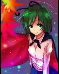Rule 34 | 1girl, antennae, cape, coco (r5m), green eyes, green hair, leaf, light particles, maple leaf, matching hair/eyes, night, short hair, smile, solo, touhou, wriggle nightbug