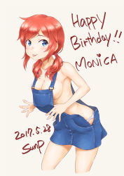 Rule 34 | 1girl, :p, blue eyes, breasts, grin, hair over shoulder, happy birthday, highres, long hair, looking at viewer, looking back, low twintails, medium breasts, monica blueash, naked overalls, overalls, panties, red hair, school girl strikers, smile, solo, sunsun69, tongue, tongue out, twintails, underwear, white panties