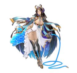 Rule 34 | 1girl, anuket (ark order), ark order, armlet, bandaged leg, bandages, black hair, black thighhighs, blue cape, blue eyeshadow, breasts, cape, clothing cutout, dark-skinned female, dark skin, dress, earrings, egyptian clothes, eyeshadow, female focus, fish, gauntlets, headdress, highres, holding, holding staff, holding whip, jewelry, large breasts, long hair, looking at viewer, makeup, official art, orb, platform footwear, pppppan, shark, side cutout, solo, staff, tachi-e, thighhighs, transparent background, very long hair, water, white dress
