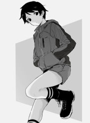 Rule 34 | 1girl, boots, commentary request, cross-laced footwear, greyscale, hands in pockets, jacket, kantai collection, lace-up boots, looking at viewer, mogami (kancolle), monochrome, satsumi, short hair, shorts, socks, solo, standing, striped clothes, striped legwear, striped socks