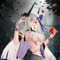 Rule 34 | 1girl, absurdres, arknights, blush, breasts, demon horns, earrings, falling leaves, fingerless gloves, food, fruit, gloves, grey hair, grey skirt, hair ornament, highres, holding, holding food, holding fruit, horns, infection monitor (arknights), jewelry, large breasts, leaf, long hair, looking at viewer, mouth hold, mudrock (arknights), pleated skirt, pointy ears, red eyes, revealing clothes, single glove, skirt, solo, upper body, very long hair, white gloves, yi ke bo he tang