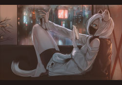 Rule 34 | 1girl, animal ears, arknights, balaclava, barefoot, black bodysuit, blouse, blue eyes, bodysuit, breasts, can, casual, cellphone, cityscape, couch, ear piercing, earrings, ehrrr, ermine, eyebrow piercing, ferret, ferret ears, ferret girl, ferret tail, from side, hair over one eye, highres, holding, holding can, holding phone, indoors, jewelry, letterboxed, long sleeves, looking up, mask, mouth mask, night, off-shoulder shirt, off shoulder, partial bodysuit, phone, piercing, shirayuki (arknights), shirt, short hair, sidelocks, slit pupils, small breasts, smartphone, solo, tail, weasel, weasel ears, weasel tail, white hair, white shirt, window