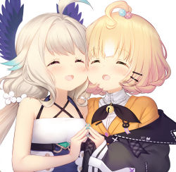 Rule 34 | 2girls, ^ ^, black jacket, blush, cheek-to-cheek, closed eyes, commentary, dress, english commentary, enna alouette, fingers together, hair ornament, hairclip, head wings, heads together, jacket, long hair, millie parfait, multiple girls, nijisanji, nijisanji en, off shoulder, orange sweater, platinum blonde hair, shirt, short hair, smile, sweater, virtual youtuber, white background, white dress, white shirt, wings, zzz (zzz00166403zzz)