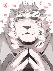 Rule 34 | 1boy, animal ears, arknights, bad id, bad twitter id, blush, character name, english text, furry, furry male, highres, looking at viewer, male focus, meme, mountain (arknights), sak (sakarov ), scar, scar across eye, scar on face, short hair, smile, solo, thick eyebrows, tiger boy, tiger ears, white fur, white hair