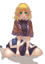 Rule 34 | 1girl, absurdres, black skirt, blonde hair, blush, breasts, brown shirt, green eyes, highres, looking at viewer, mizuhashi parsee, nail polish, open mouth, penglai tea, pointy ears, raised eyebrow, red nails, scarf, shirt, short hair, short sleeves, simple background, sitting, skirt, solo, touhou, white background