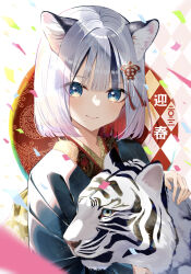 Rule 34 | 1girl, animal, black hair, blue eyes, chinese zodiac, hair ornament, highres, japanese clothes, kimono, looking at viewer, multicolored hair, new year, original, petting, skin tight, smile, solo, streaked hair, tiger, tiger girl, ttea arts01, upper body, white hair, white tiger, year of the tiger