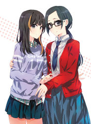 Rule 34 | 10s, 2girls, andou tsubaki, arm behind back, arm grab, black hair, blue eyes, blue hair, blue skirt, collared shirt, cowboy shot, eyebrows, glasses, hand on another&#039;s arm, jacket, long hair, long skirt, looking at viewer, multicolored hair, multiple girls, necktie, official art, open clothes, open jacket, pleated skirt, ponkan 8, ponytail, red jacket, satou sara, shirobako, shirt, skirt, smile, streaked hair, striped clothes, striped sweater, sweater, tareme, tie clip, tsurime, two-tone hair, v, white background