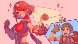 Rule 34 | 1boy, 1girl, breasts, chest jewel, earrings, fingerless gloves, gem, gloves, headpiece, highres, issycake, jewelry, large breasts, looking at viewer, nintendo, open mouth, pyra (xenoblade), red eyes, red hair, red shorts, rex (xenoblade), short hair, short shorts, shorts, smash invitation, smile, super smash bros., swept bangs, tiara, xenoblade chronicles (series), xenoblade chronicles 2