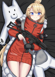 Rule 34 | 1girl, black mittens, blonde hair, commission, girls&#039; frontline, gun, hair ornament, hairclip, highres, holding, holding gun, holding weapon, long hair, long sleeves, looking at viewer, mittens, official alternate costume, pp-19-01 (carbonated fizzers) (girls&#039; frontline), pp-19-01 (girls&#039; frontline), pp-19-01 vityaz, single mitten, skeb commission, sleeping bag, sleepwear, smile, solo, stuffed animal, stuffed toy, submachine gun, weapon, yakob labo