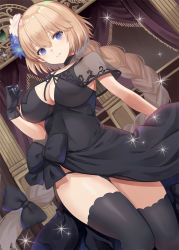 Rule 34 | 1girl, bad id, bad pixiv id, black choker, black dress, black gloves, black panties, black thighhighs, blonde hair, blue gloves, blush, bow, braid, breasts, capelet, choker, cleavage, cleavage cutout, clothing cutout, collarbone, commentary request, dress, fate/grand order, fate (series), flower, gloves, hair between eyes, hair bow, hair flower, hair ornament, hand up, head tilt, indoors, jeanne d&#039;arc (fate), jeanne d&#039;arc (formal dress) (fate), jeanne d&#039;arc (ruler) (fate), large breasts, long hair, looking at viewer, panties, parted lips, purple eyes, see-through, single braid, sleeveless, sleeveless dress, solo, thighhighs, underwear, very long hair, white flower, yuzu-aki