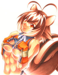 Rule 34 | 1girl, :3, abs, animal ears, antenna hair, arc system works, bad id, bad pixiv id, bare shoulders, blazblue, blazblue: continuum shift, breasts, brown eyes, brown hair, calnarsa, fingerless gloves, gloves, makoto nanaya, muscular, revealing clothes, smile, solo, squirrel ears, squirrel tail, tail, underboob