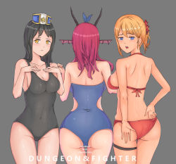 Rule 34 | 3girls, absurdres, ass, back, bad id, bad pixiv id, bare arms, bare shoulders, bikini, bikini pull, black hair, black one-piece swimsuit, blonde hair, blue bow, blue eyes, blue one-piece swimsuit, bow, breasts, chaos (dungeon and fighter), character name, cleavage, clothes pull, copyright name, covered navel, cowboy shot, demon horns, dkflkkldf, dungeon and fighter, eyelashes, female crusader (dungeon and fighter), female gunner (dungeon and fighter), female priest (dungeon and fighter), female ranger (dungeon and fighter), fins, from behind, gluteal fold, grey background, hair bow, hair ornament, hairband, hat, head fins, highres, horns, knight (dungeon and fighter), large breasts, legs together, long hair, looking at viewer, looking back, multiple girls, one-piece swimsuit, ponytail, pulling own clothes, red bikini, red bow, red hair, school swimsuit, short hair, shoulder blades, sideboob, simple background, skindentation, smile, standing, strapless, strapless one-piece swimsuit, swimsuit, thigh gap, yellow eyes