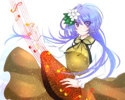 Rule 34 | 1girl, bad id, bad pixiv id, biwa lute, hair ornament, instrument, lute (instrument), music, musical note, playing instrument, purple eyes, purple hair, sariteru, simple background, solo, staff (music), touhou, tsukumo benben, twintails
