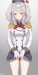 Rule 34 | 10s, 1girl, beret, black shirt, breasts, buttons, closed mouth, clothes lift, double-breasted, epaulettes, eyebrows, female focus, frilled sleeves, frills, gloves, gluteal fold, gradient background, grey eyes, grey hair, hat, kantai collection, kashima (kancolle), kerchief, large breasts, lifted by self, long hair, long sleeves, military, military uniform, miniskirt, no panties, shirt, skirt, skirt lift, smile, solo, two side up, uniform, wavy hair, you06