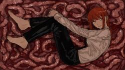 Rule 34 | 1girl, barefoot, black necktie, black pants, braid, braided ponytail, chainsaw man, collared shirt, hhn 965, highres, intestines, looking at viewer, lying, makima (chainsaw man), medium hair, necktie, on side, pants, red hair, ringed eyes, shirt, shirt tucked in, sideways glance, smile, solo, white shirt, yellow eyes