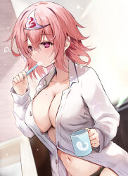 Rule 34 | 1girl, absurdres, black pantyhose, blush, breasts, brushing, cleavage, collarbone, collared shirt, commentary request, cup, efe, highres, holding, holding cup, holding toothbrush, large breasts, long sleeves, mole, mole on breast, navel, pantyhose, partially unbuttoned, pink hair, purple eyes, saigyouji yuyuko, shirt, solo, toothbrush, touhou, white shirt