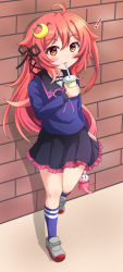 Rule 34 | !, 1girl, :3, ahoge, black ribbon, black skirt, blue shirt, blue socks, blush, brick wall, closed mouth, commentary request, crescent, crescent hair ornament, cup, disposable cup, drinking straw, frilled skirt, frills, full body, grey footwear, hair between eyes, hair ornament, hair ribbon, holding, holding cup, kantai collection, kneehighs, loafers, long hair, looking at viewer, neck ribbon, pink ribbon, pleated skirt, rabbit hair ornament, red eyes, red hair, ribbon, shirt, shoes, sills, skirt, socks, solo, standing, standing on one leg, uzuki (kancolle), very long hair