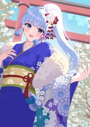 Rule 34 | 1girl, ayaka (genshin impact), blue eyes, genshin impact, highres, japanese clothes, kimono, long hair, looking at viewer, open mouth, outdoors, ponytail, rererere mon, smile, solo