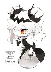 Rule 34 | 10s, 1girl, abyssal ship, artist request, bare shoulders, black dress, blowing kiss, character name, chibi, commentary request, detached sleeves, dress, female focus, figure, full body, heart, kantai collection, mashell (siirakannu), one eye closed, orange eyes, original, see-through, siirakannu, simple background, solo, twintails, white background, white hair