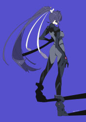 Rule 34 | 1girl, ass, black gloves, blue background, bodysuit, breasts, commentary, fortified suit, from behind, full body, gloves, grey bodysuit, hair intakes, highres, holding, holding sword, holding weapon, kamon rider, katana, long hair, medium breasts, mitsurugi meiya, muv-luv, muv-luv alternative, muv-luv alternative (anime), open hand, pilot suit, shadow, skin tight, solo, standing, sword, very long hair, weapon