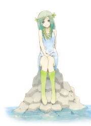 Rule 34 | 1girl, blue dress, blue eyes, boots, dress, green footwear, green hair, hrd, jewelry, looking at viewer, necklace, rock, rubber boots, simple background, sitting, smile, solo, water, white background
