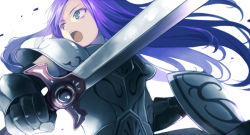 Rule 34 | 1girl, armor, female focus, green eyes, knight, long hair, medieval, purple hair, ryou (kimagure), shield, solo, sword, weapon