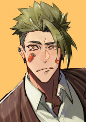 Rule 34 | 1boy, absurdres, achilles (fate), bags under eyes, bandaid, bandaid on face, carrot, collared shirt, ear piercing, earrings, fate (series), green hair, haruakira, highres, hoop earrings, jacket, jewelry, looking to the side, male focus, mature male, piercing, shirt, simple background, solo, sticker on face, striped clothes, striped jacket, undercut, upper body, vertical-striped clothes, vertical-striped jacket, white shirt, yellow background