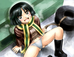 Rule 34 | 1girl, black eyes, black footwear, black hair, blush, boots, brave witches, breasts, brown jacket, crotch, hosoinogarou, jacket, kanno naoe, looking at viewer, looking up, military jacket, navel, open mouth, panties, scarf, shiny skin, sitting, small breasts, smile, solo, spread legs, sweat, thighs, tire, tongue, underwear, white panties, world witches series