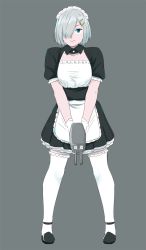 Rule 34 | 10s, 1girl, alternate costume, apron, black dress, black skirt, dress, enmaided, facing viewer, full body, green eyes, grey background, hair over one eye, hamakaze (kancolle), kantai collection, maid, maid headdress, ojipon, pleated skirt, short hair, silver hair, simple background, skirt, solo, standing, thighhighs, white apron, white thighhighs
