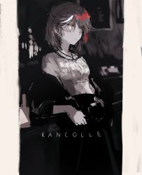 Rule 34 | 1girl, alternate costume, blush, closed mouth, copyright name, custom (cus-tom), giuseppe garibaldi (kancolle), greyscale, jacket, kantai collection, monochrome, multicolored hair, off shoulder, pants, shirt, short hair, solo, spot color, streaked hair