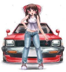 Rule 34 | 1girl, alternate costume, bad id, bad pixiv id, bow, breasts, brown hair, camisole, car, casual, contemporary, denim, full body, hair bow, hair tubes, hakurei reimu, hand on own hip, highres, jeans, key, keyring, long hair, looking at viewer, maru daizu (aqua6233), midriff, motor vehicle, navel, open mouth, pants, pink eyes, shadow, shoes, simple background, sneakers, solo, touhou, toyota, toyota starlet, vehicle, white background