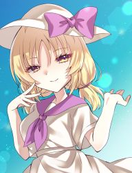 Rule 34 | 1girl, blonde hair, blouse, bow, breasts, closed mouth, commentary request, dutch angle, happy, hat, hat bow, highres, looking at viewer, louise (touhou), medium breasts, medium hair, nami7711, necktie, purple bow, purple necktie, purple sailor collar, sailor collar, shirt, short sleeves, skirt, smile, sun hat, touhou, touhou (pc-98), twintails, white headwear, white shirt, white skirt, yellow eyes