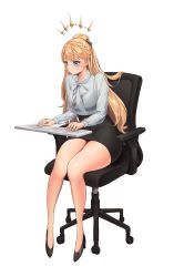 Rule 34 | 1girl, absurdres, aurora (destiny child), black bra, black skirt, blonde hair, blue eyes, bow, bra, braid, breasts, chair, closed mouth, destiny child, eyelashes, floating, floating object, focused, frown, full body, hair between eyes, hair bow, high heels, highres, keyboard (computer), knees together feet apart, long hair, long sleeves, madaeng, office chair, office lady, pencil skirt, see-through, see-through shirt, shiny skin, simple background, sitting, skirt, solo, sweatdrop, swivel chair, thighs, typing, underwear, white background