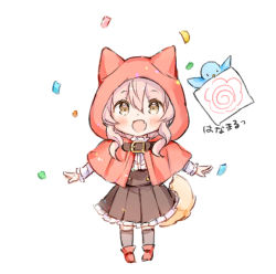 Rule 34 | 1girl, :d, animal, animal hood, bad id, bad twitter id, bird, black skirt, black thighhighs, blush, boots, brown eyes, capelet, center frills, chibi, commentary request, confetti, fang, frilled skirt, frills, full body, hair between eyes, hood, hood up, hooded capelet, long hair, long sleeves, looking at viewer, mouth hold, open mouth, original, pink hair, pleated skirt, red capelet, red footwear, shirt, simple background, skirt, smile, solo, standing, tail, thighhighs, translation request, wataame27, white background, white shirt, wolf-chan (wataame27), wolf tail