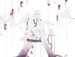 Rule 34 | 1girl, bird, bird wings, blood, blood bag, bow, bowtie, chinese commentary, commentary, covered mouth, drawing (object), dress, feathered wings, feet out of frame, heron, highres, holding, holding syringe, intravenous drip, kishin sagume, long sleeves, looking at viewer, maozi, mask, mouth mask, pink bow, pink bowtie, red eyes, short hair, simple background, single wing, solo, striped bow, striped bowtie, striped clothes, surgical mask, syringe, touhou, white background, white dress, white hair, white wings, wide sleeves, wings
