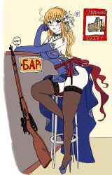 Rule 34 | 1girl, absurdres, alcohol, ass, bar (place), bell, blonde hair, blue dress, blue gloves, blush, bolt action, braid, breasts, collar, crown braid, dress, elbow gloves, evening gown, female focus, flower, full body, garter straps, girls&#039; frontline, glass, gloves, gun, hair flower, hair ornament, heart, heart-shaped pupils, high heels, highres, jewelry, lace, lace-trimmed legwear, lace trim, large breasts, long hair, looking at viewer, mosin-nagant, mosin-nagant (girls&#039; frontline), mosin-nagant (moonlit ocean) (girls&#039; frontline), necklace, open mouth, rifle, sash, scope, stolichnaya (vodka), stool, symbol-shaped pupils, thighhighs, waze, weapon
