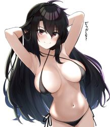 Rule 34 | 1girl, :3, ahoge, alternate costume, armpits, arms behind head, arms up, bare arms, bikini, black bikini, black hair, blush, breasts, breasts apart, closed mouth, collarbone, commentary request, cowboy shot, criss-cross halter, curvy, eyelashes, hair between eyes, hair down, halterneck, highres, holding, holding hair, hoshikawa kaguya, large breasts, long hair, looking at viewer, micro bikini, navel, red eyes, seductive smile, side-tie bikini bottom, sidelocks, simple background, skindentation, smile, solo, stomach, swimsuit, tenshi souzou re-boot!, tft (tft7822), translated, tsurime, v-shaped eyebrows, very long hair, white background
