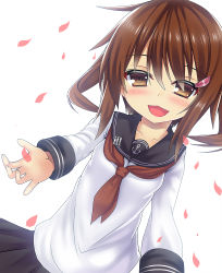Rule 34 | 10s, 1girl, bad id, bad pixiv id, blush, brown eyes, brown hair, cherry blossoms, hair ornament, hairclip, ikazuchi (kancolle), kantai collection, looking at viewer, neckerchief, okuri banto, open mouth, red neckerchief, school uniform, serafuku, short hair, skirt, smile, solo, upper body