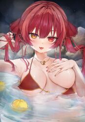 Rule 34 | 1girl, absurdres, arm up, armpits, bikini, blush, breasts, collarbone, commentary request, deep skin, eyelashes, fang, floating, floating object, hair ribbon, hand up, haruzawa 1121, heterochromia, highres, hololive, houshou marine, houshou marine (summer), jewelry, large breasts, long hair, looking at viewer, mole, nail polish, necklace, night, night sky, official alternate costume, one breast out, onsen, open mouth, orange eyes, outdoors, partially submerged, red bikini, red eyes, red ribbon, ribbon, rock, shiny skin, sidelocks, sky, solo, swimsuit, tongue, twintails, upper body, virtual youtuber, wardrobe malfunction, wet