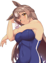 Rule 34 | 1girl, animal ears, armpits, bare shoulders, blue one-piece swimsuit, braid, breasts, commentary request, competition school swimsuit, competition swimsuit, covered navel, ear ornament, french braid, hair between eyes, highres, horse ears, horse girl, light blush, long hair, looking at viewer, medium breasts, multicolored hair, one-piece swimsuit, one eye closed, satono diamond (umamusume), sawara noa, school swimsuit, simple background, solo, streaked hair, stretching, swimsuit, tracen swimsuit, umamusume, upper body, white background, white hair, yellow eyes