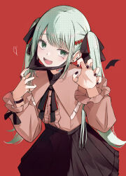 Rule 34 | 1girl, absurdres, aqua eyes, aqua hair, black nails, black ribbon, black skirt, claw pose, commentary, fangs, hair ornament, hatsune miku, heart, heart hair ornament, highres, jewelry, long hair, long sleeves, looking at viewer, mask, mask pull, mouth mask, okome (okome 0627ha), open mouth, red background, ribbon, ring, ringed eyes, shirt, simple background, skirt, smile, solo, twintails, vampire (vocaloid), vocaloid